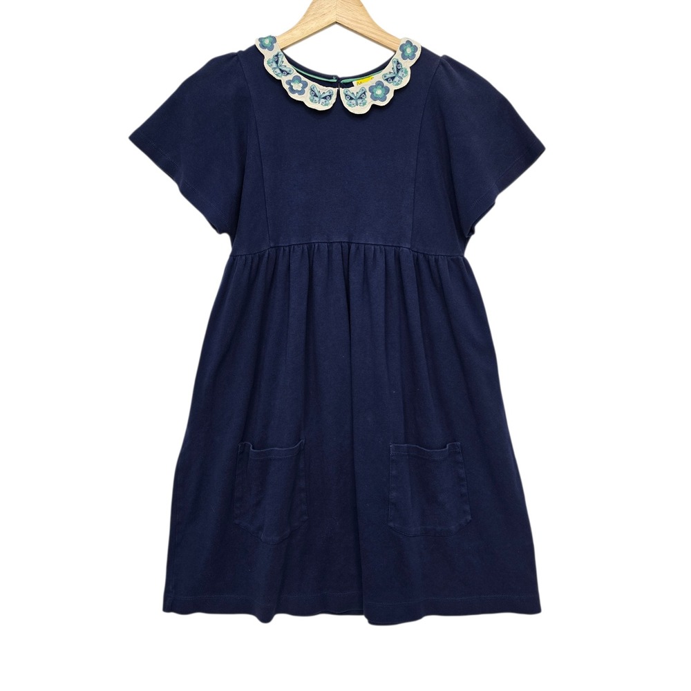 Mini Boden Girls Navy Butterfly Embroidered Collar Jersey Dress Size 11-12Y